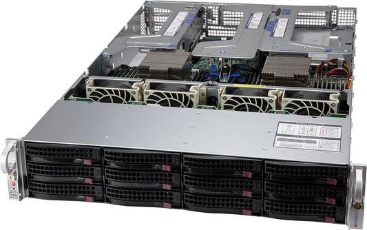 Silver and black ultra 2u dual amd epyc server with 8tb ram and 12 drive bays showing internal hardware components