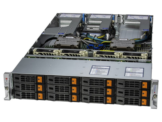 Silver and black Supermicro AS-2025HS-TNR 2U rack server with orange drive indicators and dual AMD EPYC 9004 CPUs