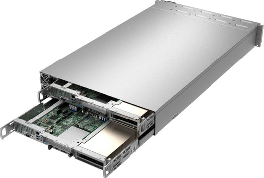 Silver metallic supermicro as-2114gt-dnr 2u dual-node gpu server with two open drive bays showing internal hardware