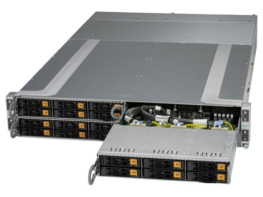 Silver-colored Supermicro AS-2115GT-HNTR GrandTwin 2U 4-node server rack with multiple drive bays and internal cabling