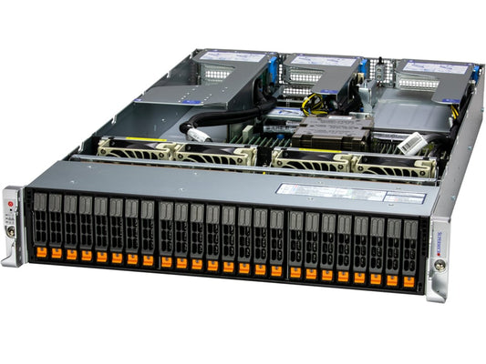 Silver supermicro as-2115hs-tnr hyper 2u rack server with 24x 2.5 inch nvme sas sata bays and orange indicator lights