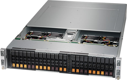 Silver supermicro as-2124bt-hntr bigtwin 2u 4-node server with multiple drive bays and cooling fans visible inside