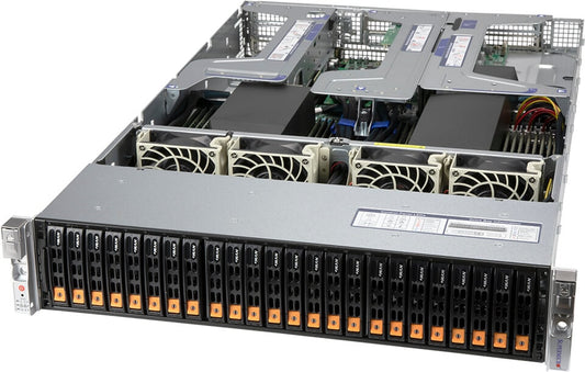 Silver and black supermicro as-2124us-tnrp server rack with 24 nvme bays and visible cooling fans and components