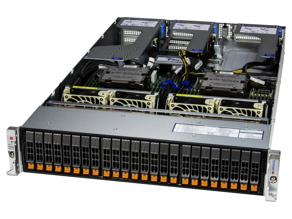Silver-colored supermicro as-2125hs-tnr hyper 2u dual amd epyc server with multiple drive bays and cooling fans