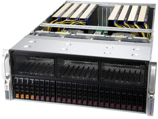 Silver and black Supermicro AS-4125GS-TNRT 4U GPU server with mesh front panel and multiple drive bays visible