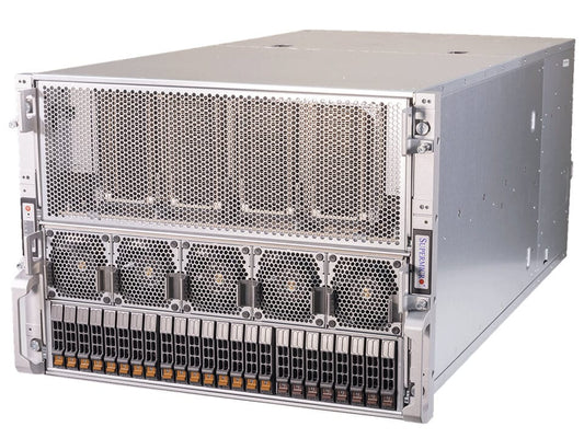 Silver metallic supermicro as-8125gs-tnhr 8u gpu server with perforated front panel and dual epyc 9004 processors