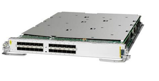 Cisco A9K-24X10GE-1G-TR silver switch module with black ports and green cables