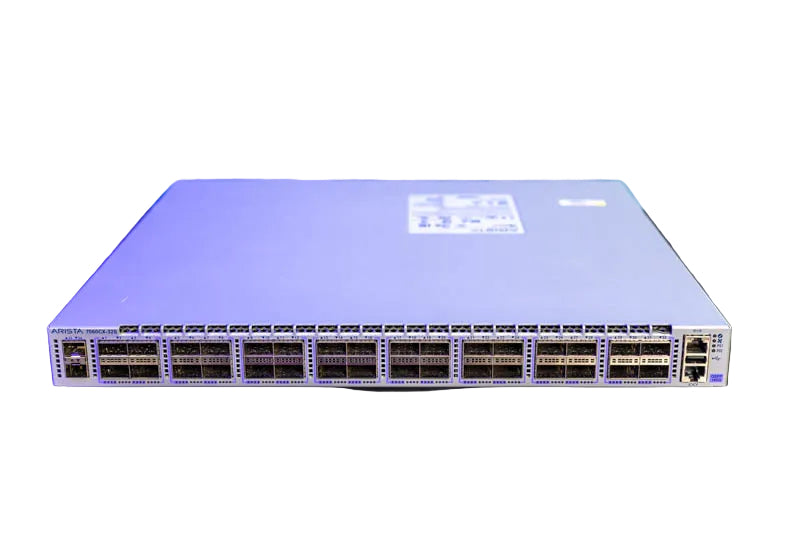 Purple arista 7508-48x network switch with multiple ports and sleek rectangular design shown from the back side