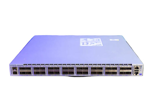 Purple arista 7508-48x network switch with multiple ports and sleek rectangular design shown from the back side