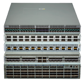 Stack of four silver-colored arista dcs-7280sr3mk-48yc8a-s-f 48-port 25g network switches with ventilation grilles