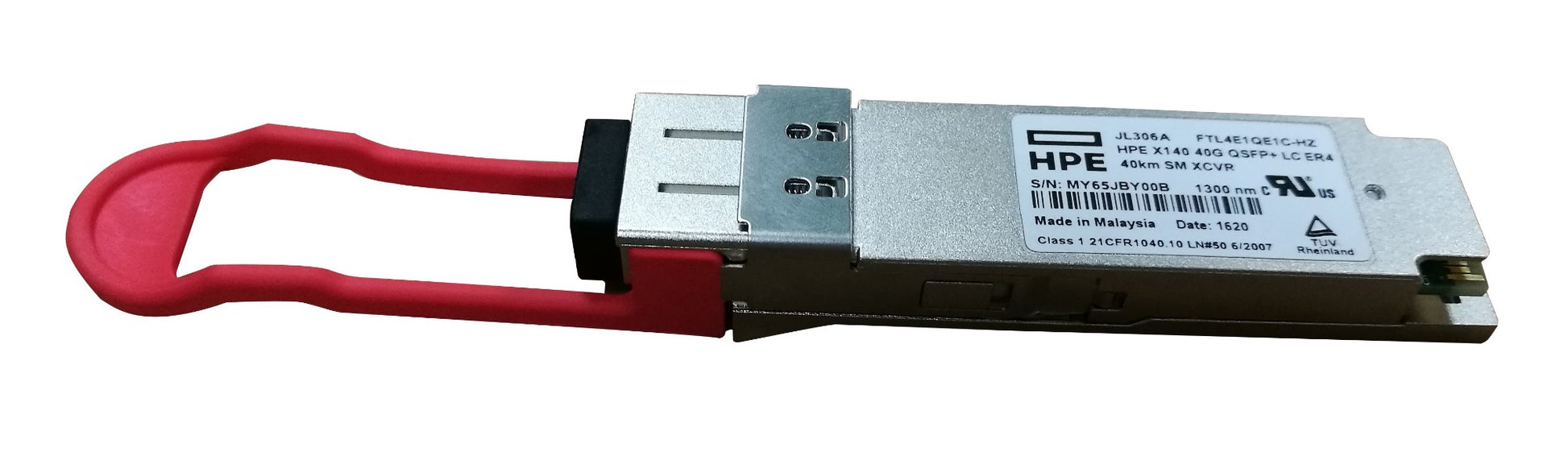 HPE JL306A 40G QSFP+ ER4 CWDM transceiver module with red handle