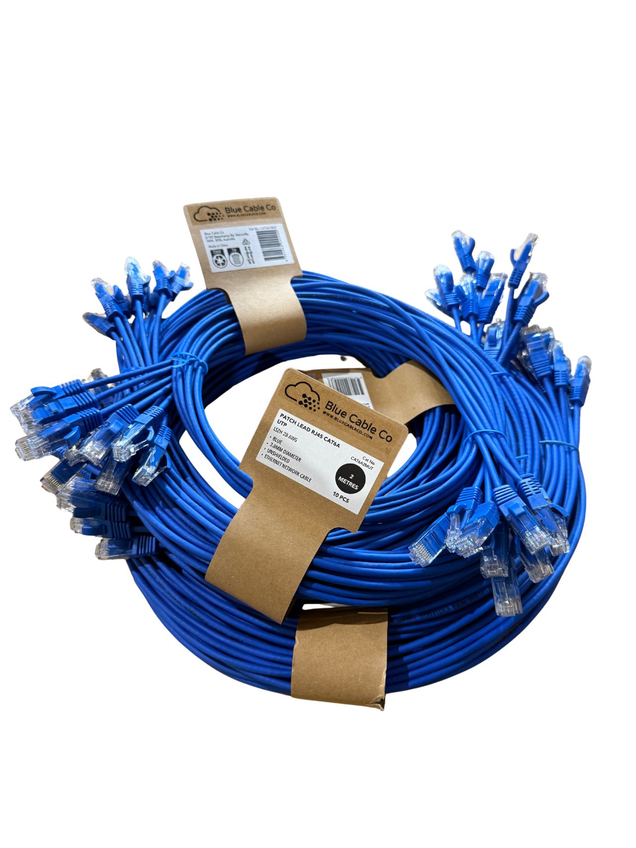 Blue CAT6A UTP Ethernet patch cable with RJ45 connectors, 28AWG LSZH, 0.25M-5M