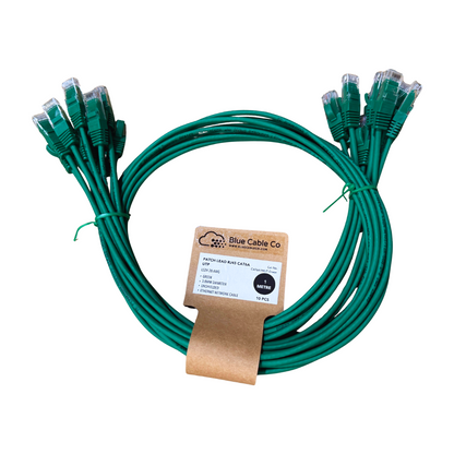 CAT6A green UTP Ethernet patch cable with RJ45 connectors, coiled on packaging