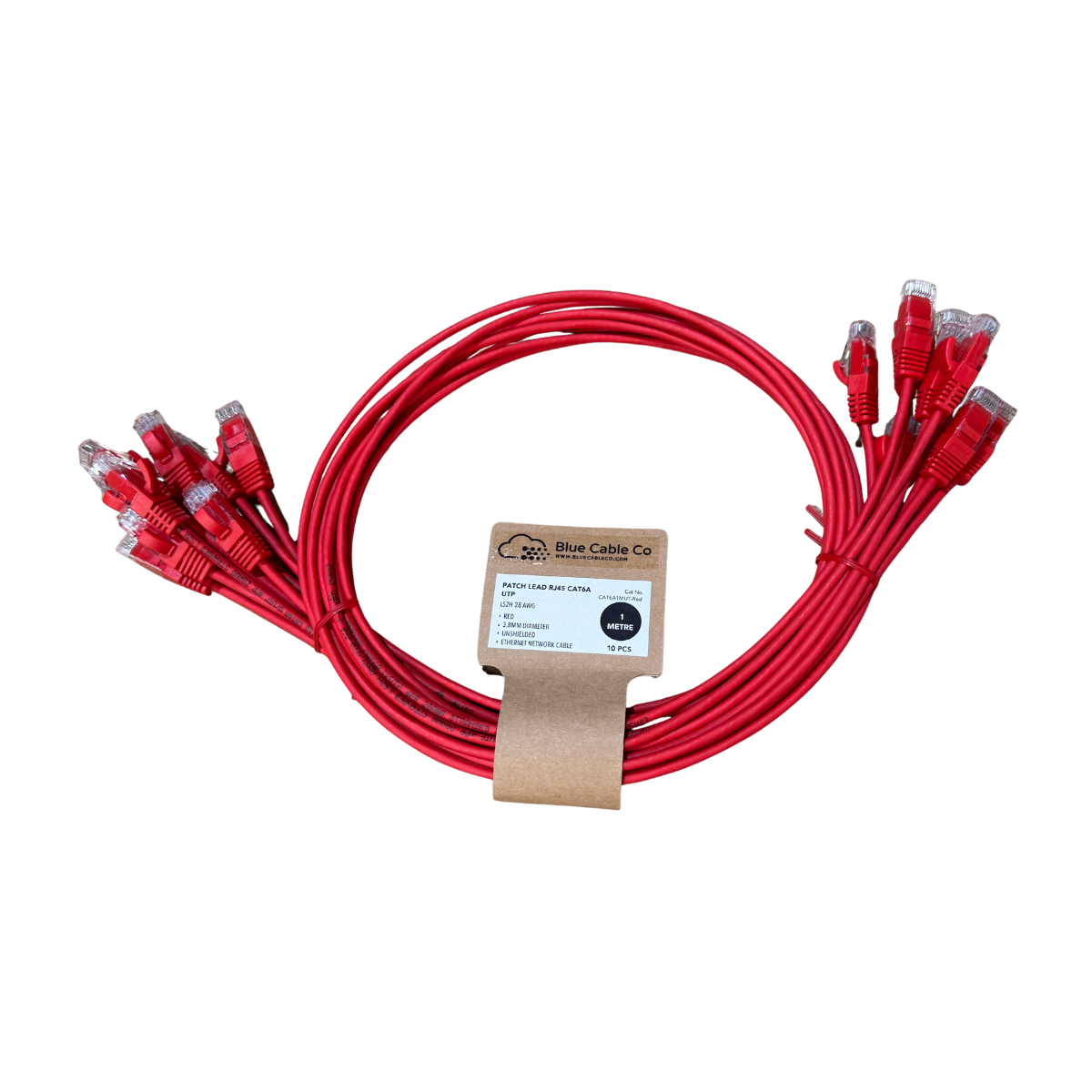 Red CAT6A UTP Ethernet patch cable, 28AWG LSZH, coiled in Blue Cable Co. box