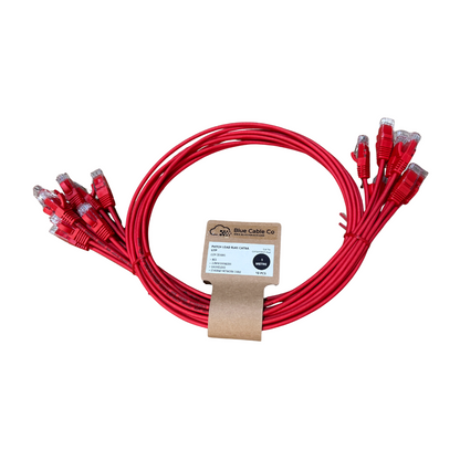 Red CAT6A UTP Ethernet patch cable, 28AWG LSZH, coiled in Blue Cable Co. box