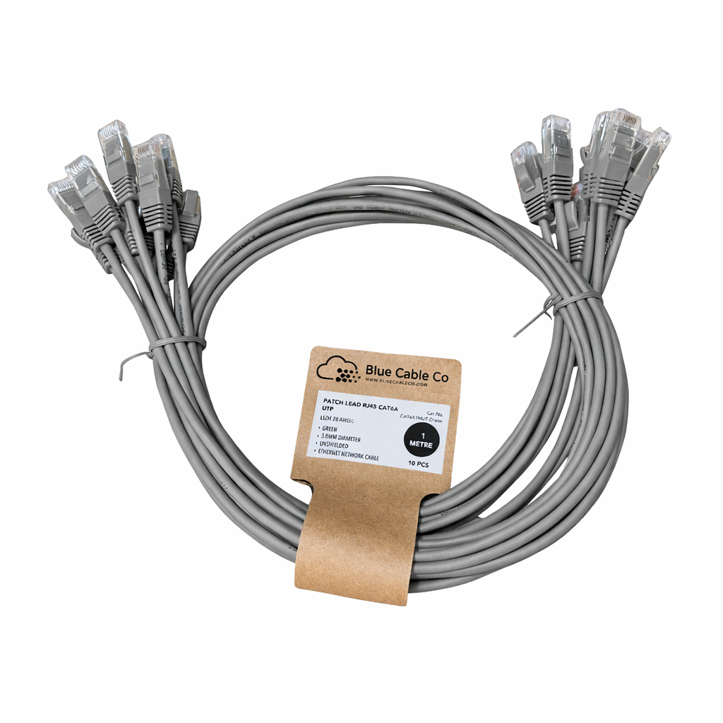 Gray CAT6A UTP LSZH Ethernet patch cable with RJ45 connectors, 0.25m-5m
