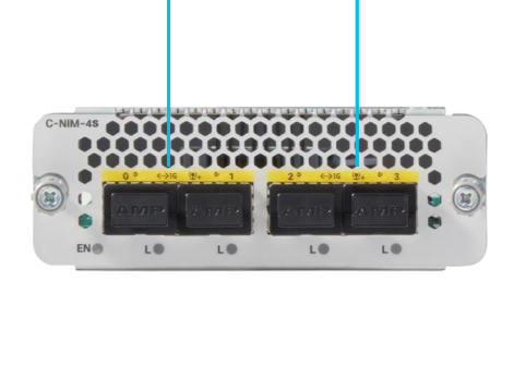 Silver c-nim-wan-4s network interface module with black ports and yellow labels for cisco 8000 series routers back view