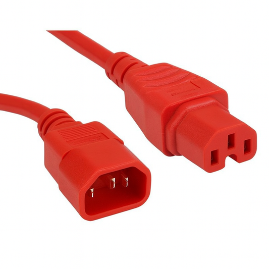 Red IEC C14 to C15 high-temp power cable, 250V, 1-5m lengths