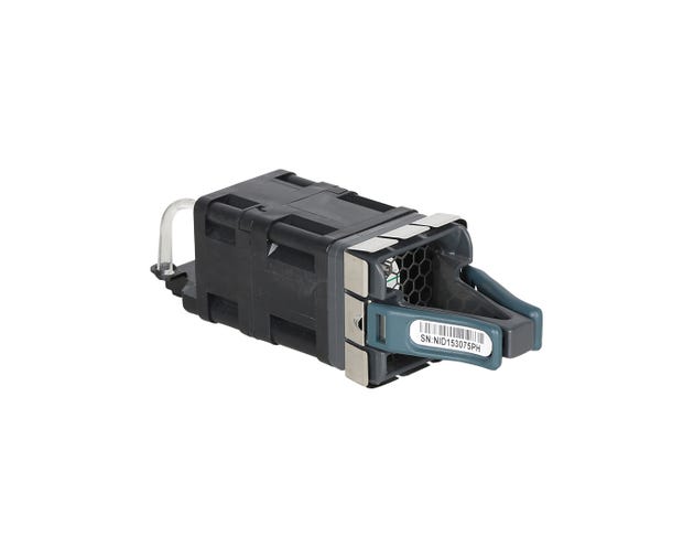 Cisco C3KX-FAN-23CFM fan module with black plastic cartridge, white label, and barcode