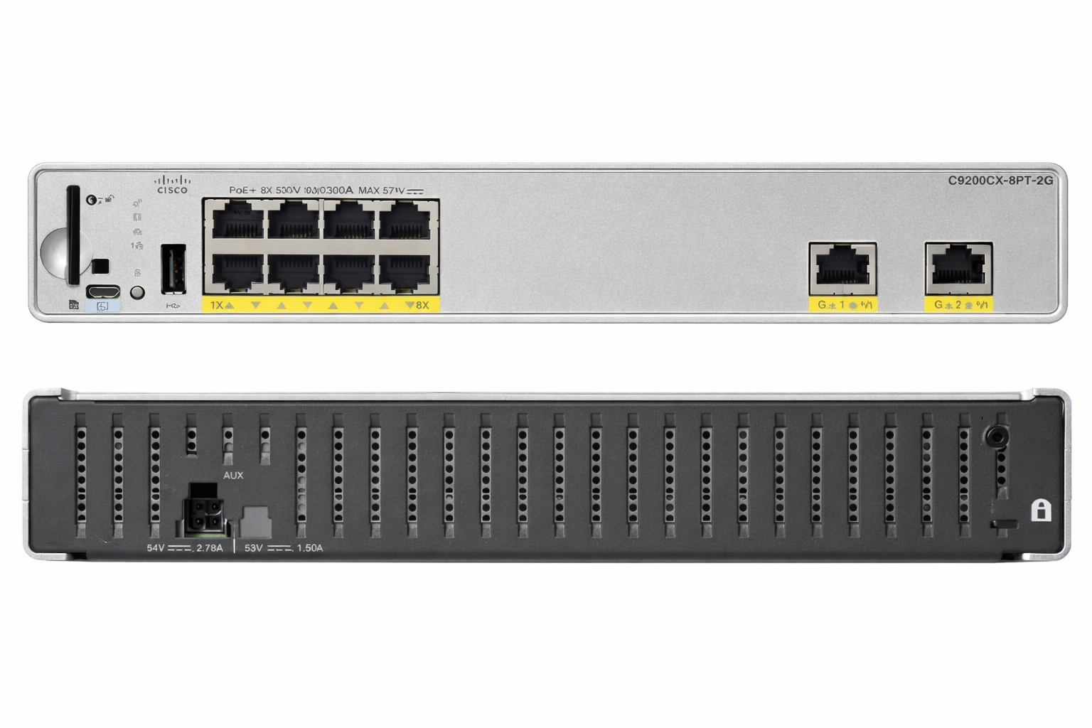 Cisco C9200CX-8PT-2G-E compact switch with 8x 1G PoE+ ports, silver front