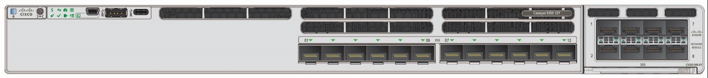 White cisco c9300x-12y-a catalyst 9300x 12-port 25g sfp28 network switch back with multiple ports and indicator lights
