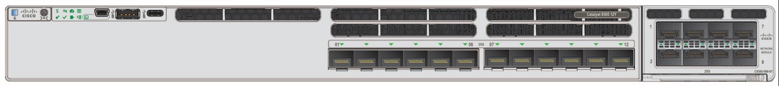 White cisco c9300x-12y-a catalyst 9300x 12-port 25g sfp28 network switch back with multiple ports and indicator lights