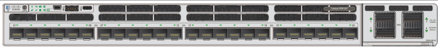 Silver cisco c9300x-24y-e network switch with 24 25g sfp28 ports and ventilation slots on the back panel