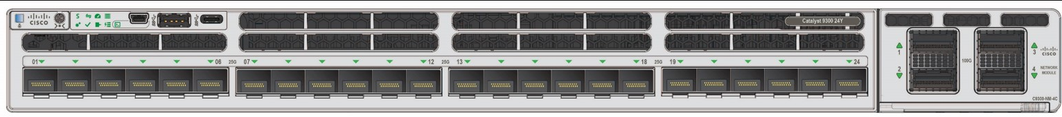 Silver cisco c9300x-24y-e network switch with 24 25g sfp28 ports and ventilation slots on the back panel