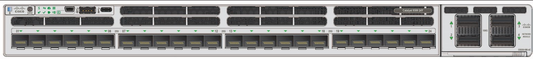 Silver cisco c9300x-24y-e network switch with 24 25g sfp28 ports and ventilation slots on the back panel