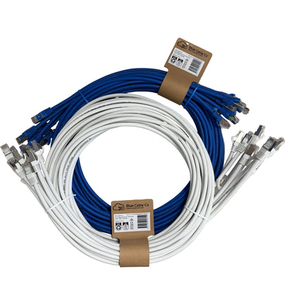 Blue and white CAT6A S/FTP slim 26AWG LSZH Ethernet patch cable by Blue Cable Co