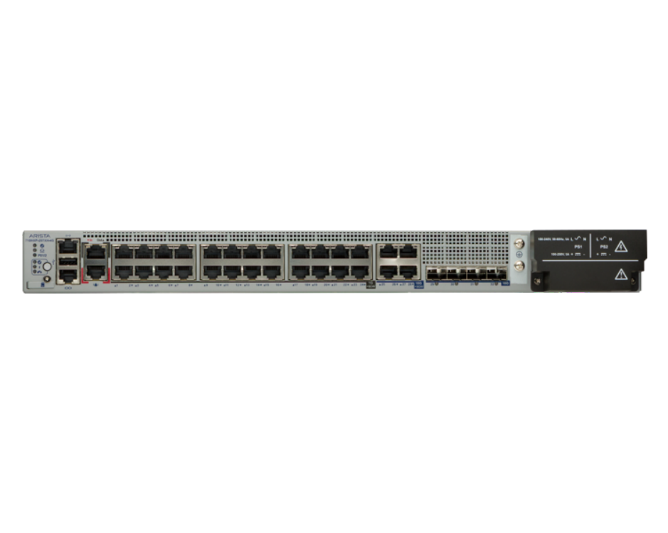 Silver cisco catalyst 9200 series network switch with multiple ethernet ports and a black power supply module shown from back