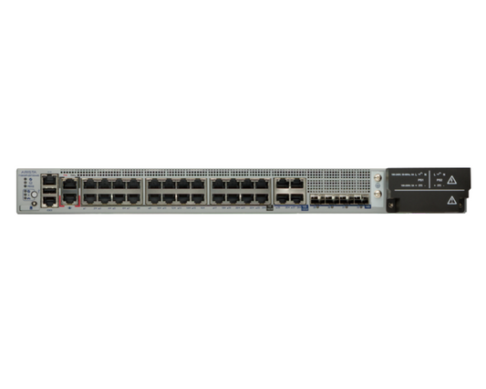 Silver cisco catalyst 9200 series network switch with multiple ethernet ports and a black power supply module shown from back