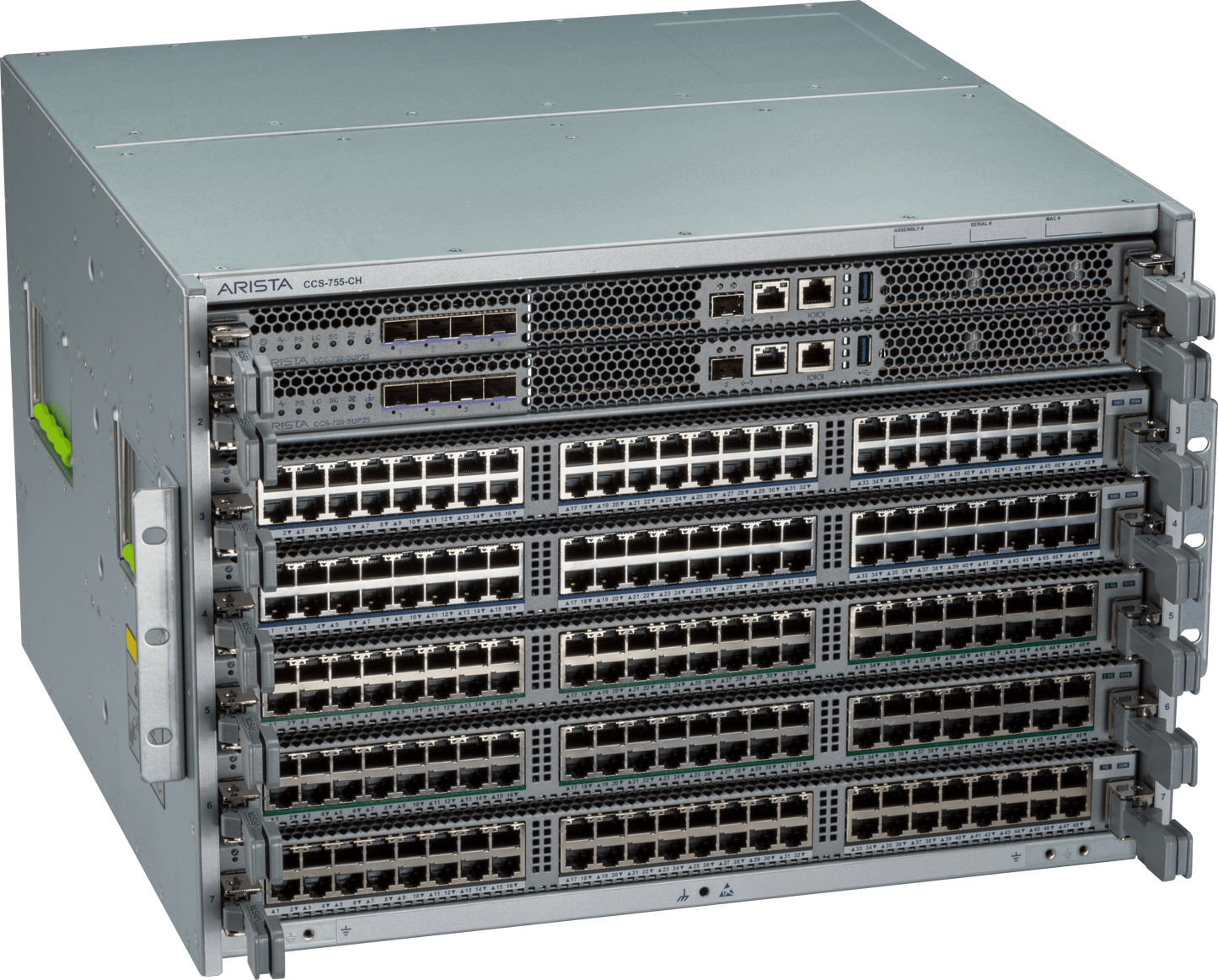 Arista CCS-758-ch enterprise-grade metallic gray 8-slot modular network switch chassis with multiple black ethernet ports