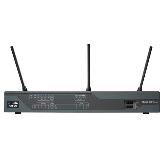Cisco 892-K9 router with 8 LAN ports, 1 WAN port, and three antennas