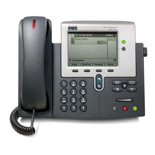 Cisco CP-7940G | 2-line IP desk phone, 2x 10/100 switch ports, PoE (Cisco Inline/802.3af-compatible), monochrome display, SIP/SCCP-capable, RJ-9 headset