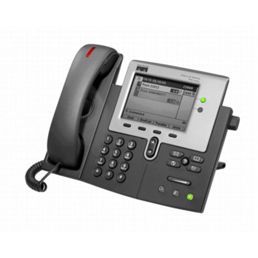 Cisco CP-7941G-GE | 2-line IP desk phone, 2x 10/100/1000 switch ports, PoE 802.3af Class 2, backlit grayscale display, SIP/SCCP-capable, RJ-9 headset