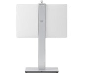 White minimalist desk lamp with silver accents on Cisco DX80 foot stand