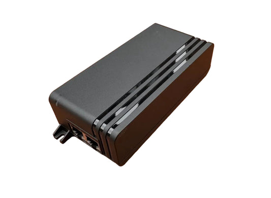 Black rectangular cisco cw-inj-8 power supply unit with ribbed side panels compact design for 10g poe injector