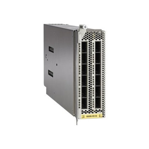 Cisco N5600-M12Q line card in silver server rack with black mesh panels
