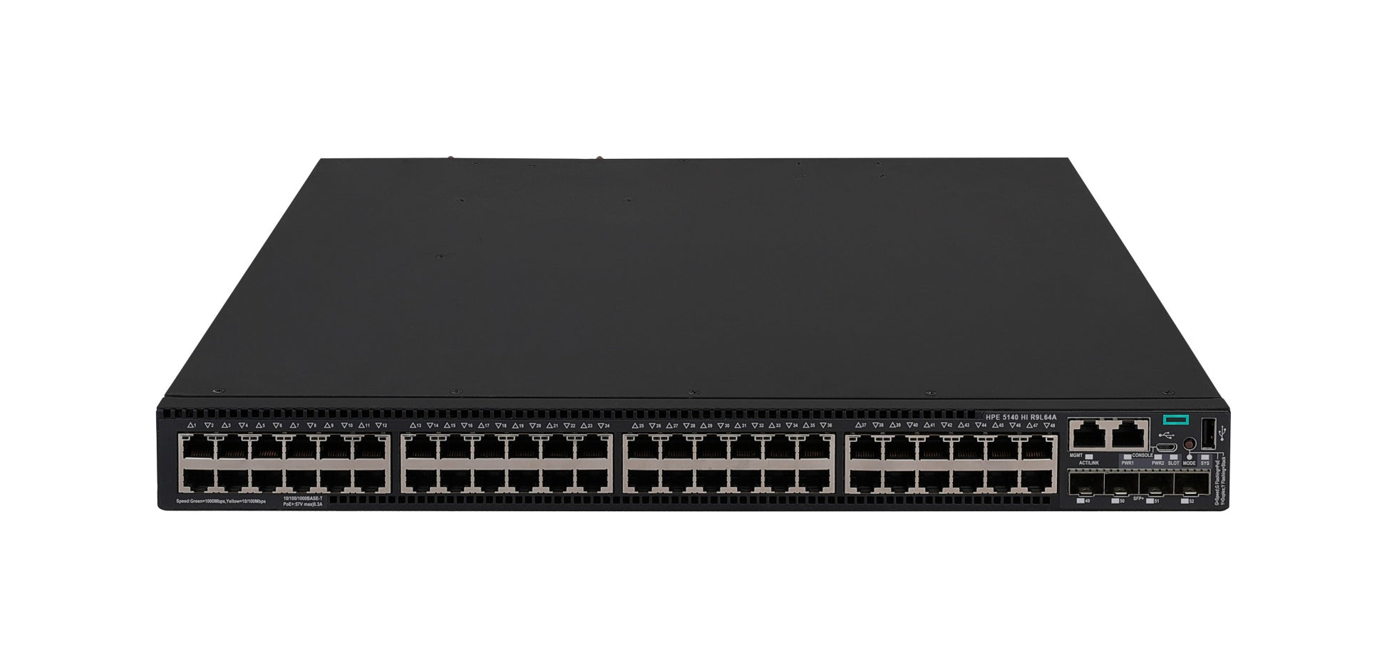 HPE R9L64A black Cisco-style switch with 48x1G PoE+ ports and 4x10G uplinks