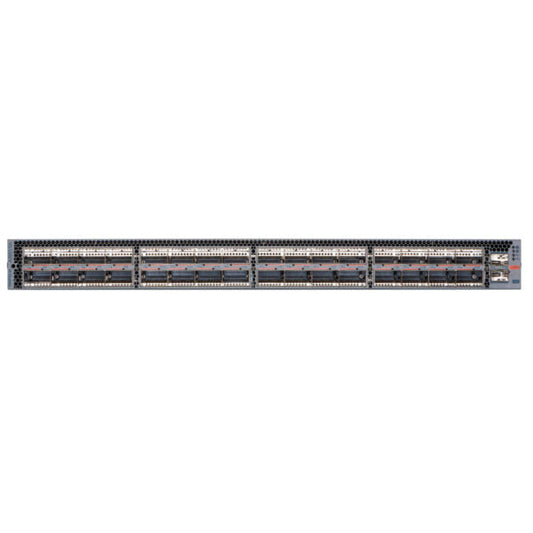 Gray metal server rack housing multiple network interface cards in arista dcs-7060px5-64e-f 7060x5 32-port 800g osfp switch