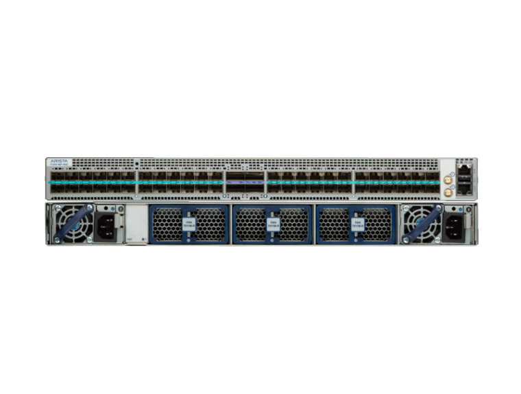 Silver and blue arista dcs 7135v 48-port 25g sfp28 switch with 4x 100g qsfp28 ports back view showing ethernet ports and vents