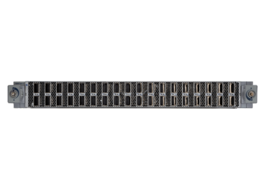 Gray metal server rack with black ventilation slots and mounting brackets on the back of arista dcs-7800r3a-36dm2-lc line card