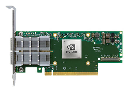 Nvidia Quadro P6000 graphics card with green circuit board silver heat sink fins and gold PCIe connector for InfiniBand HDR PCIe Gen4 x16