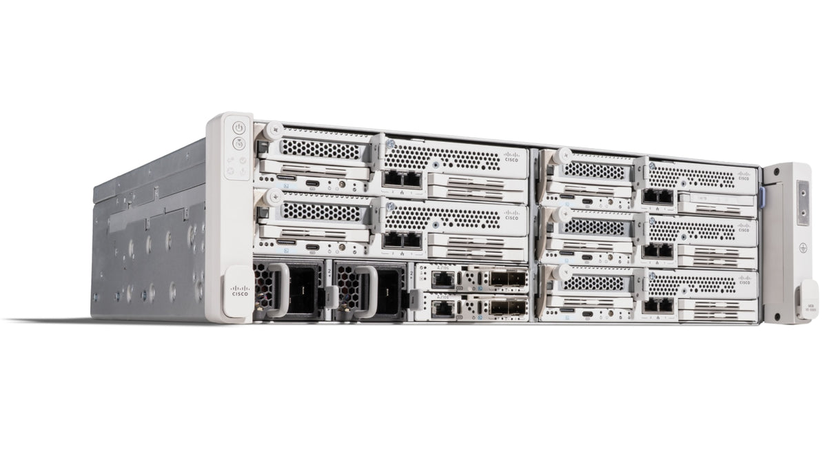 White cisco ucsxe-9305-chs 3ru unified edge server chassis with multiple expansion slots and ventilation grilles back view