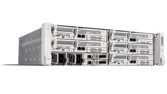 White cisco ucsxe-9305-chs 3ru unified edge server chassis with multiple expansion slots and ventilation grilles back view