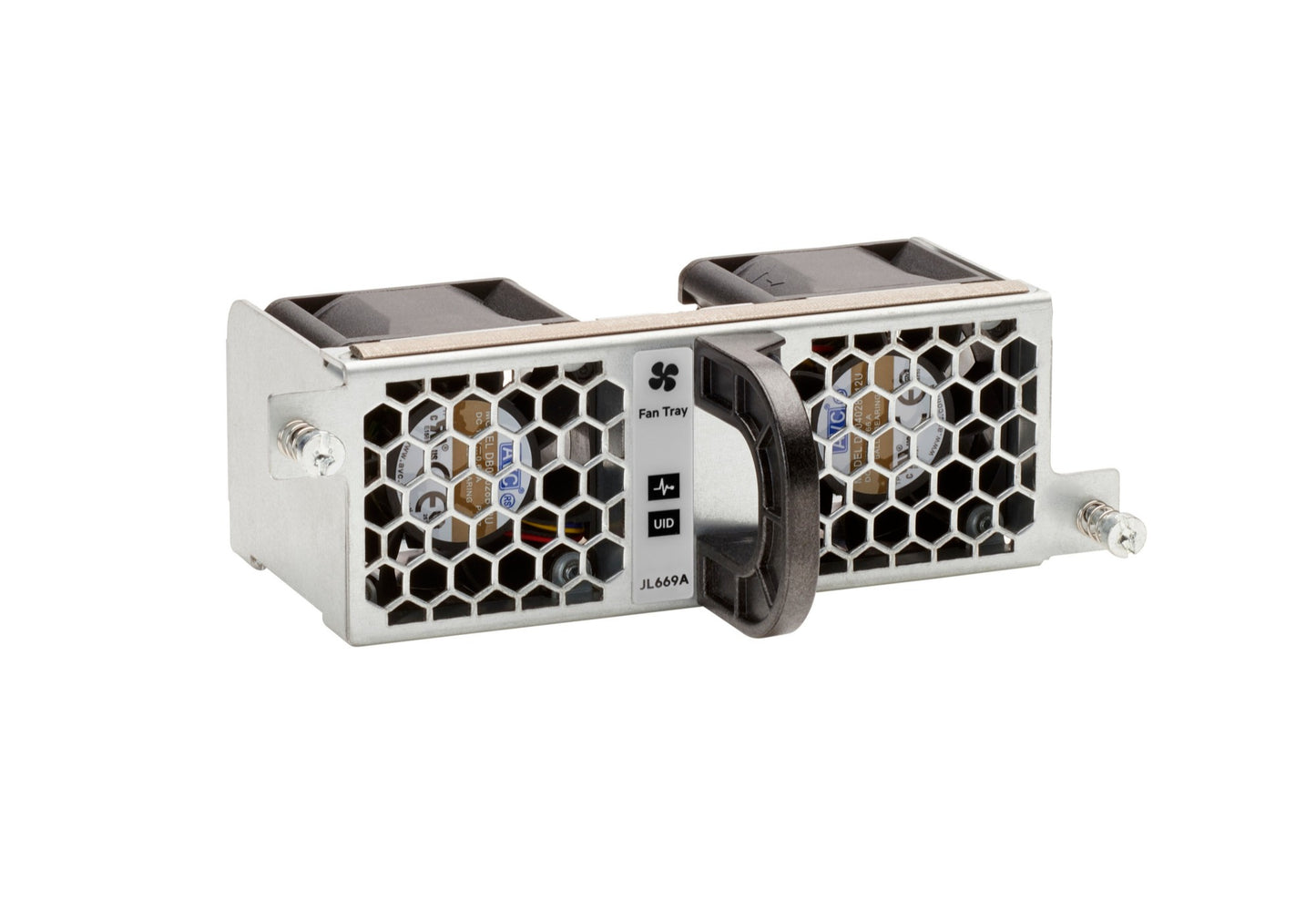 Aruba JL669B fan tray with silver black dual PSU honeycomb design