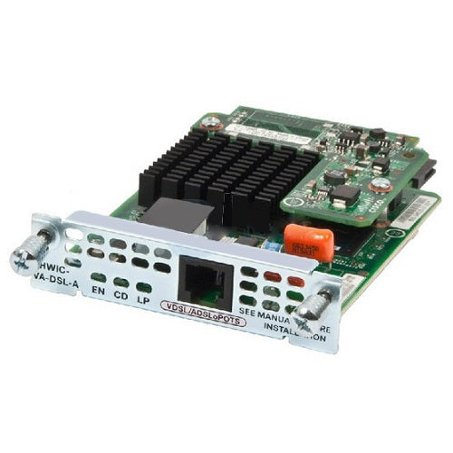 Cisco EHWIC-VA-DSL-M VDSL2/ADSL2+ card with green PCB and silver housing