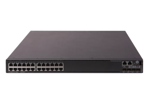 HPE JH325A black network switch with 24x 1G PoE+ ports and 4x 10G SFP+