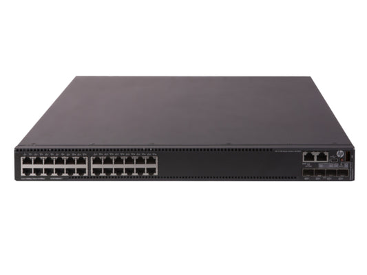 HPE JH325A black network switch with 24x 1G PoE+ ports and 4x 10G SFP+